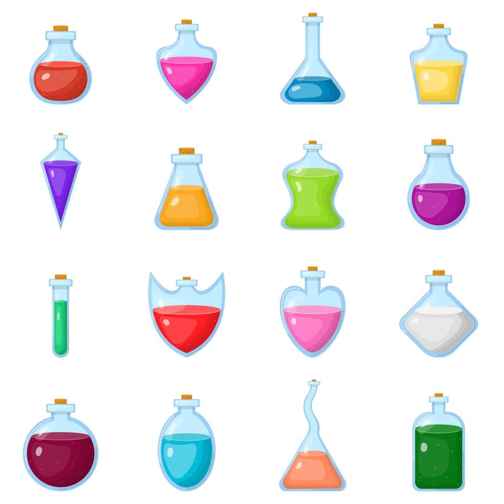 conjunto de poción mágica en botella aislada sobre fondo blanco. elixires químicos o de alquimia. ilustración vectorial para cualquier diseño. vector