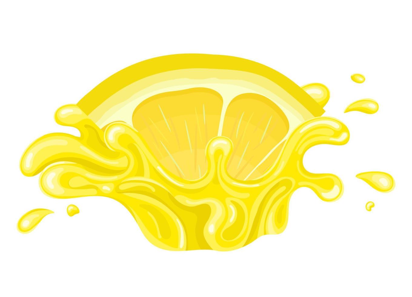 Fresh bright cut slice lemon juice splash burst isolated on white background. Summer fruit juice. Cartoon style. Vector illustration for any design.