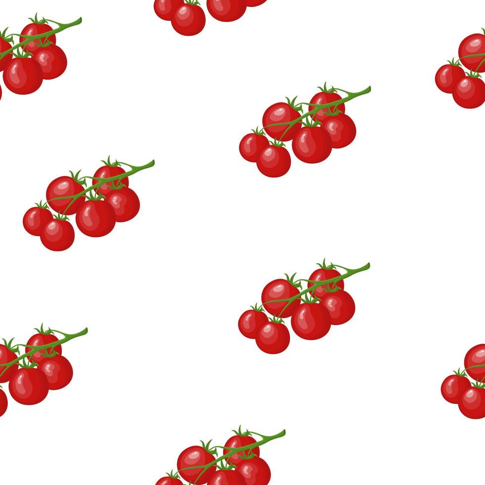 patrón sin fisuras con tomates maduros crudos en rama aislado sobre fondo blanco. verdura fresca de tomate cherry rojo. estilo plano de dibujos animados. ilustración vectorial para su diseño, web, papel de regalo, tela. vector