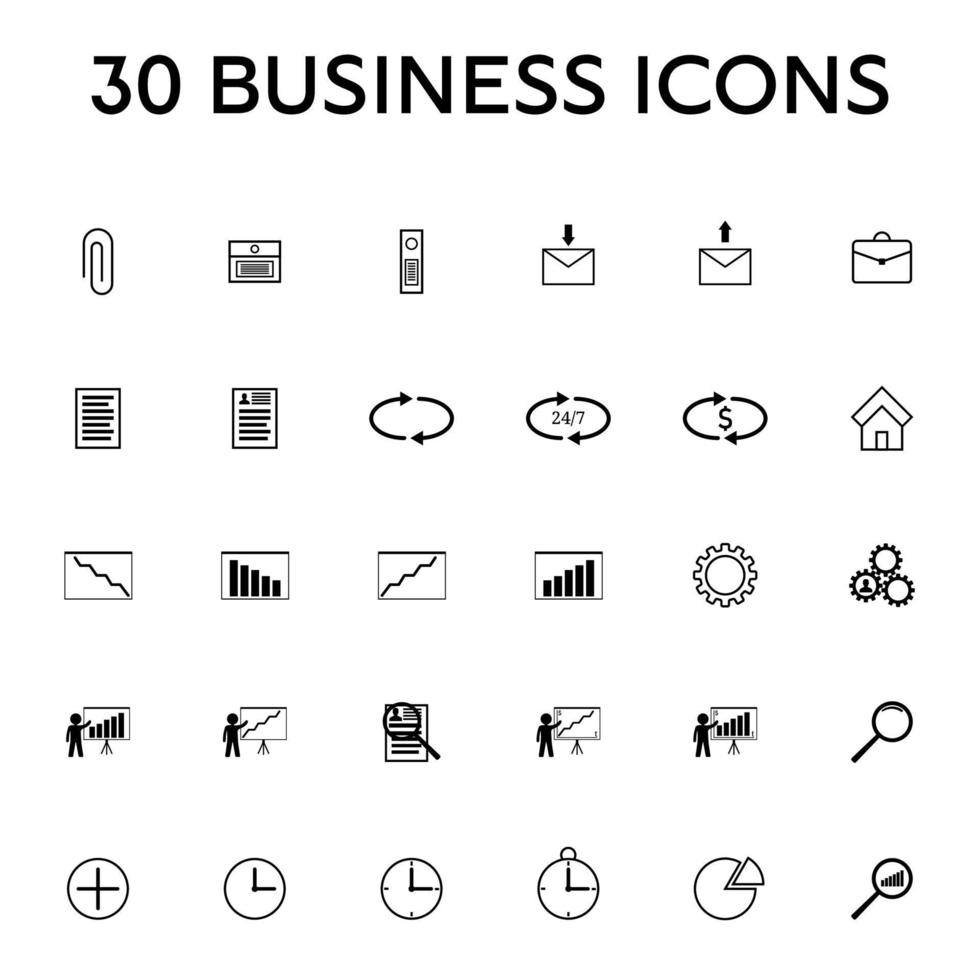 conjunto de 30 iconos de negocios. negocios, finanzas, gestión, tiempo, soporte, servicio. ilustración vectorial limpia y moderna para diseño, web. vector