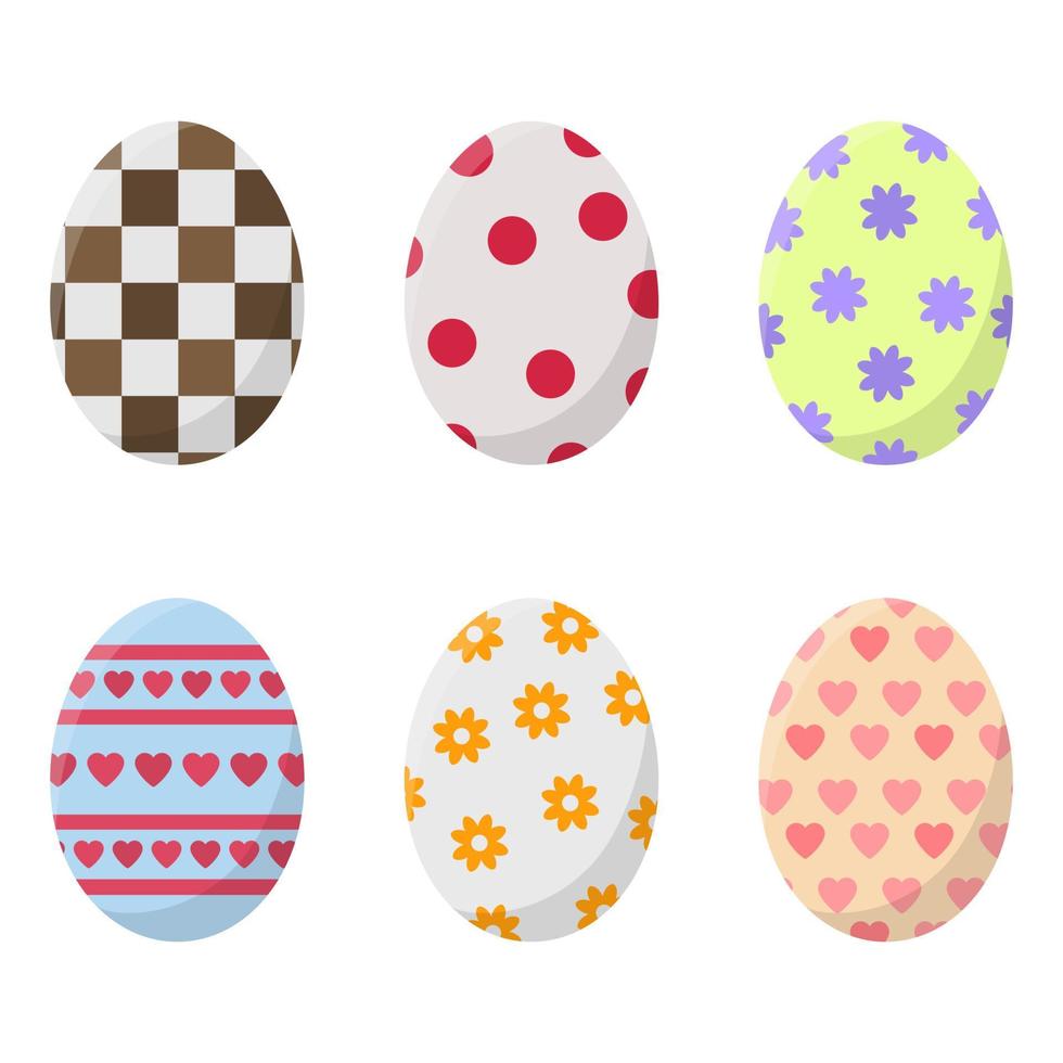 conjunto de huevos de Pascua aislado sobre fondo blanco. huevos de diferentes colores con rayas, puntos, corazones y flores. perfecto para tarjetas de felicitación, invitaciones. ilustración vectorial en diseño plano. vector