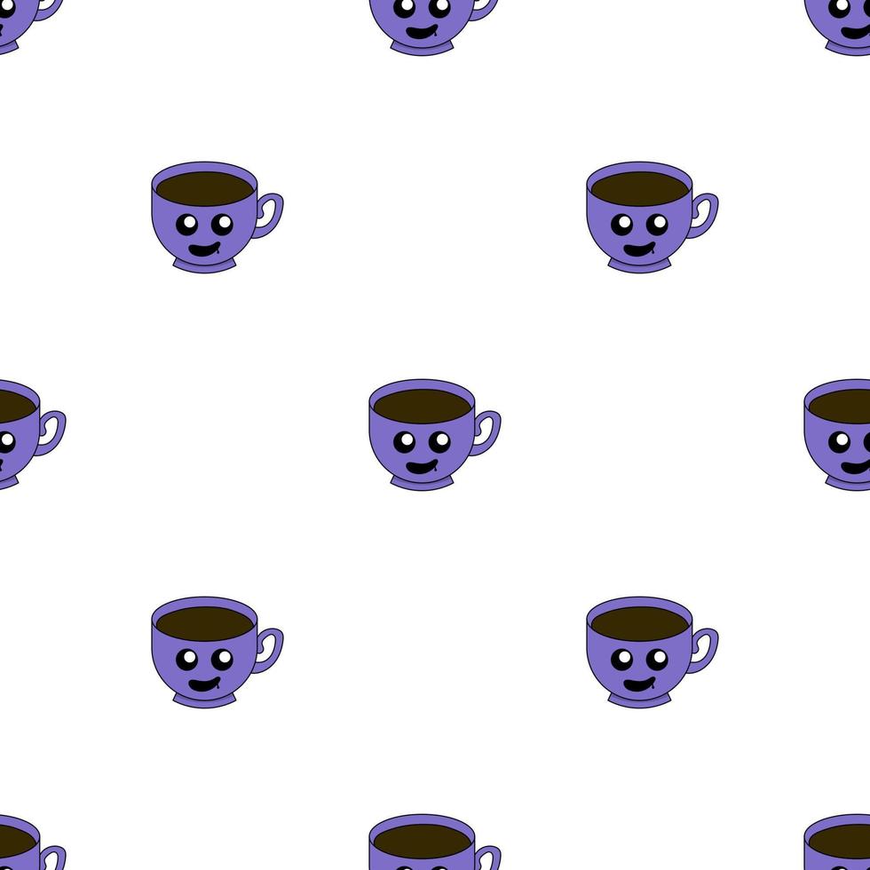 Seamless pattern with cup emoticons on white background. Kawaii doodle cups character with cute anime expressions. Vector illustration.