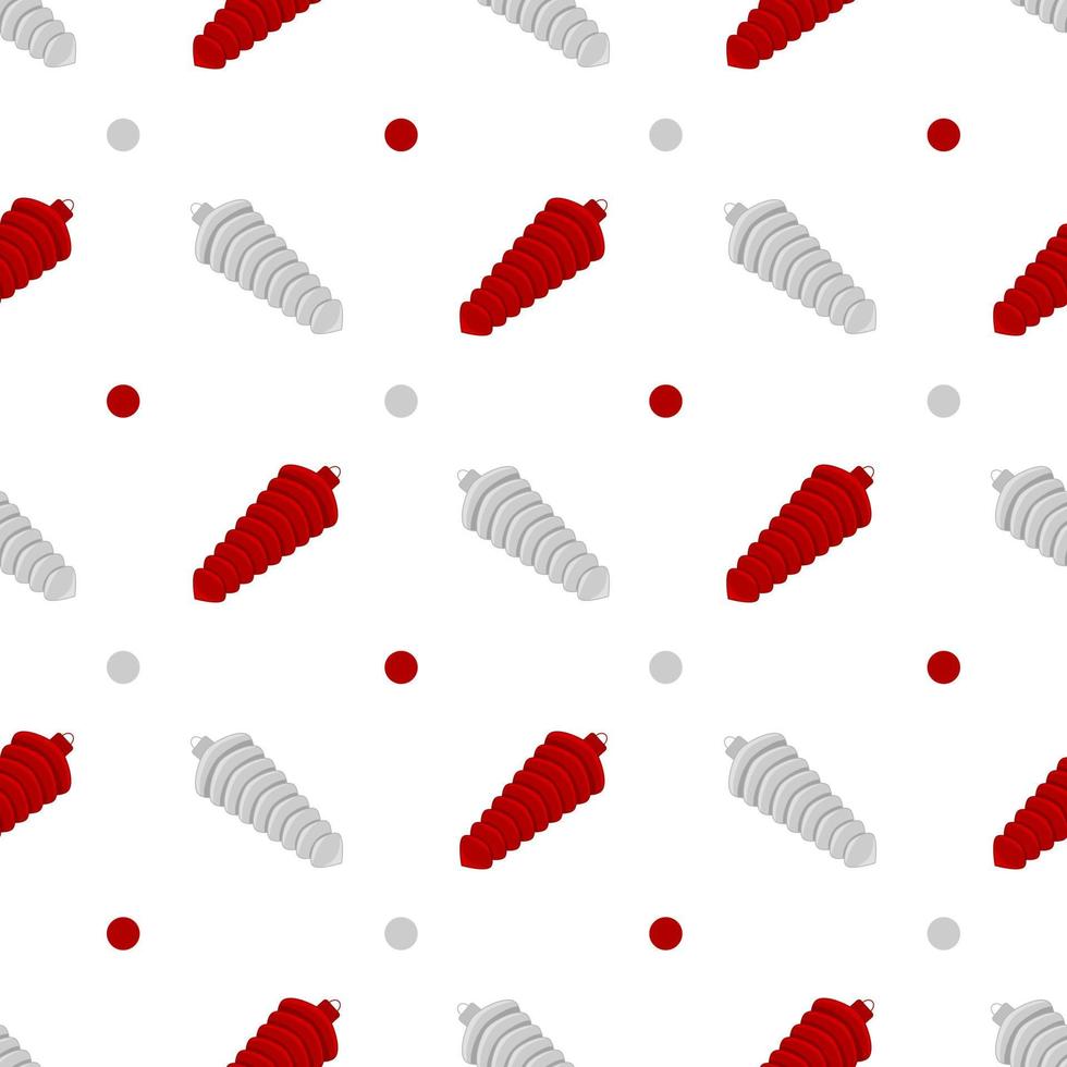 Seamless pattern with red and white christmas spiral toys on white background. Holiday christmas swirl toy for fir tree. Vector illustration.