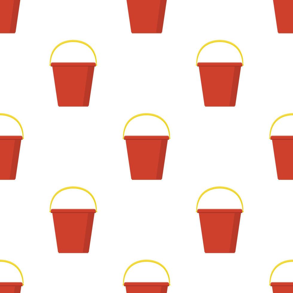Seamless pattern with plastic red bucket empty or with water on white background. Cartoon style. Vector illustration for design, web, wrapping paper, fabric, wallpaper.
