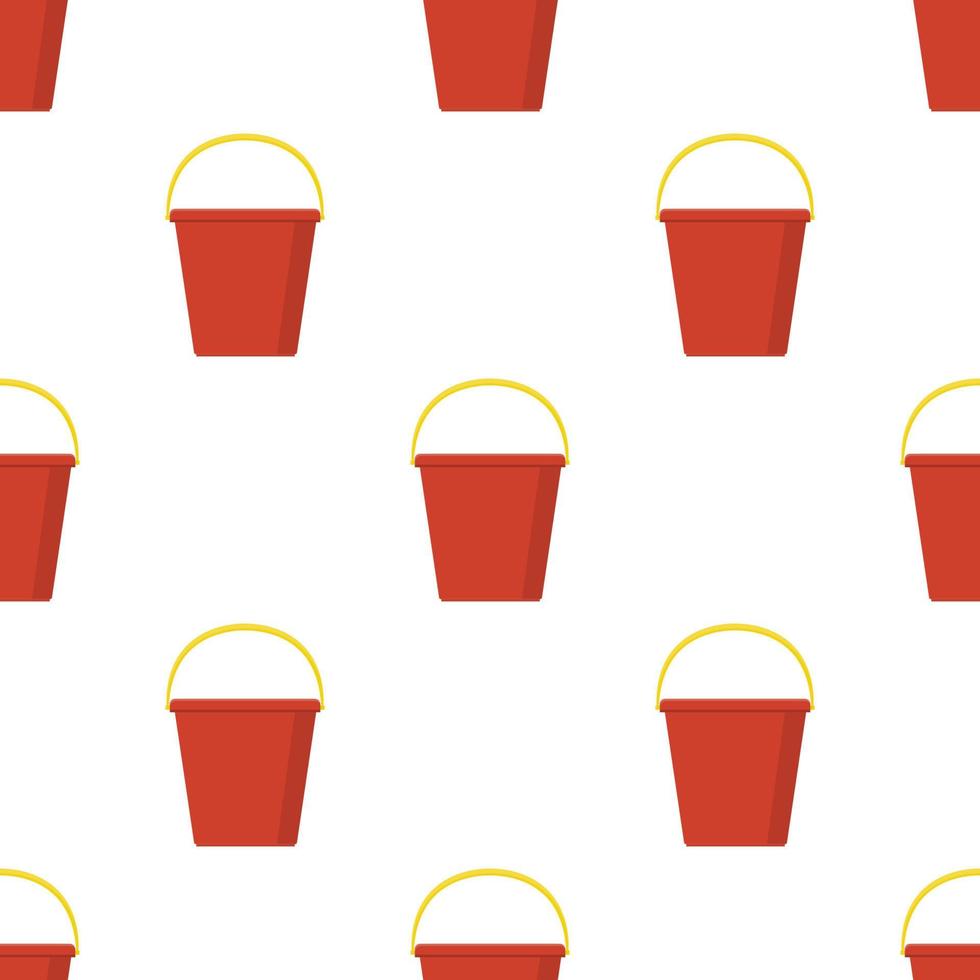 Seamless pattern with plastic red bucket empty or with water on white background. Cartoon style. Vector illustration for design, web, wrapping paper, fabric, wallpaper.