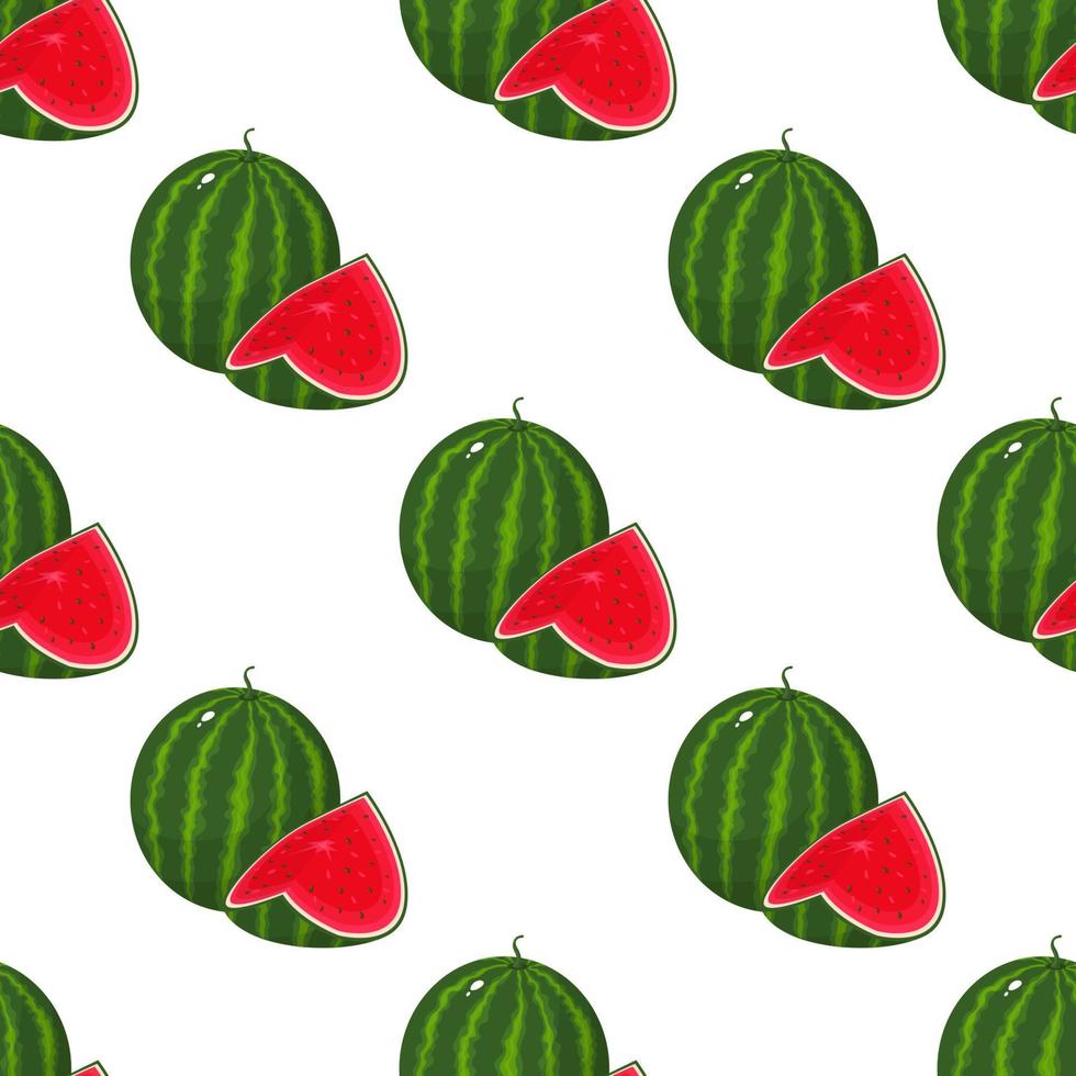 Seamless pattern with fresh whole and cut slice watermelon fruit on white background. Summer fruits for healthy lifestyle. Organic fruit. Cartoon style. Vector illustration for any design.