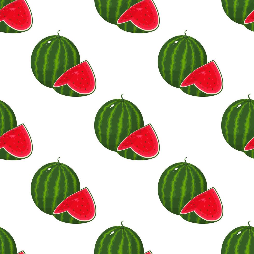 Seamless pattern with fresh whole and cut slice watermelon fruit on white background. Summer fruits for healthy lifestyle. Organic fruit. Cartoon style. Vector illustration for any design.