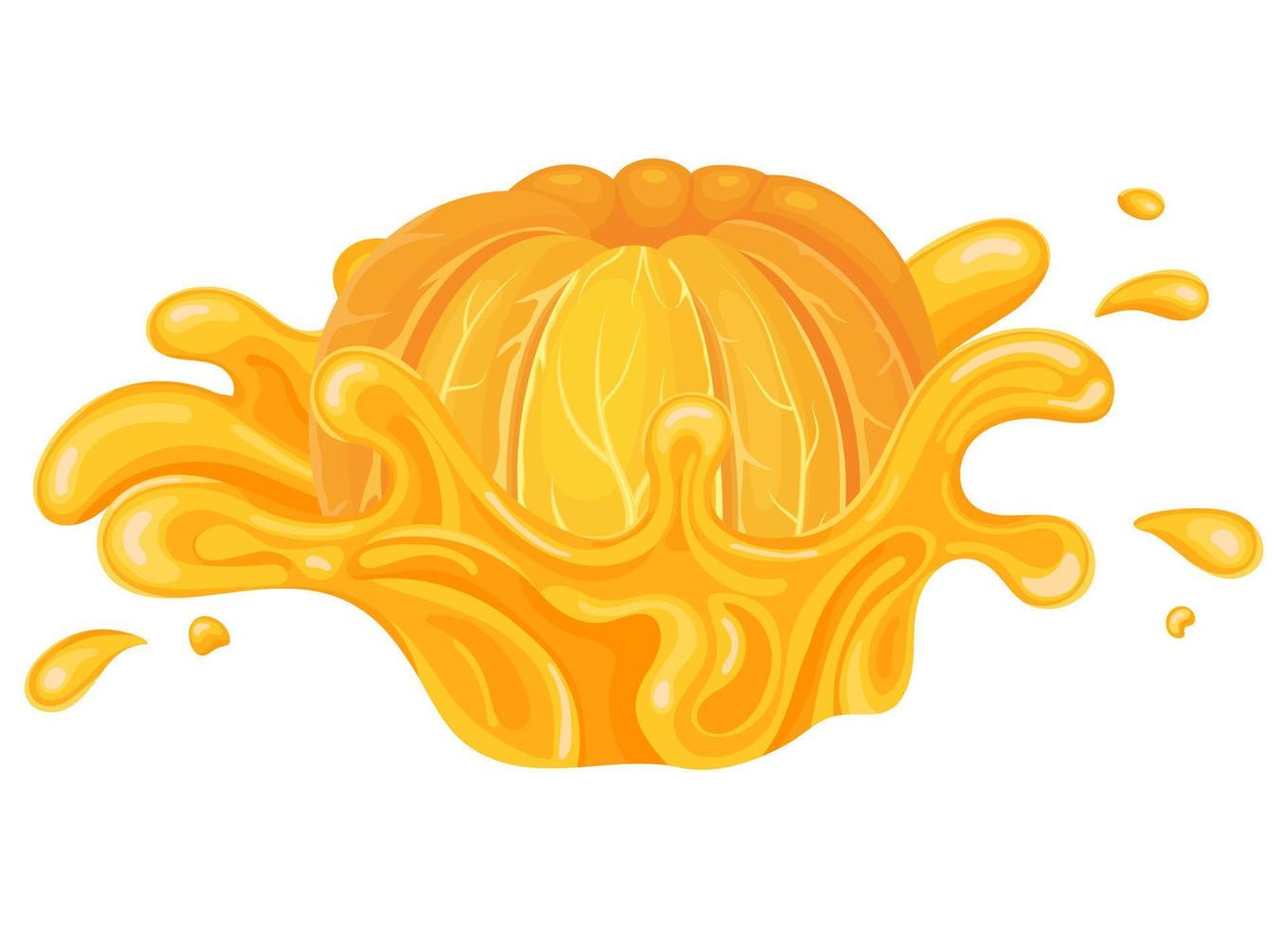 explosión de jugo de naranja, mandarina o tagerina fresca y brillante aislada en fondo blanco. jugo de frutas de verano. estilo de dibujos animados ilustración vectorial para cualquier diseño. vector