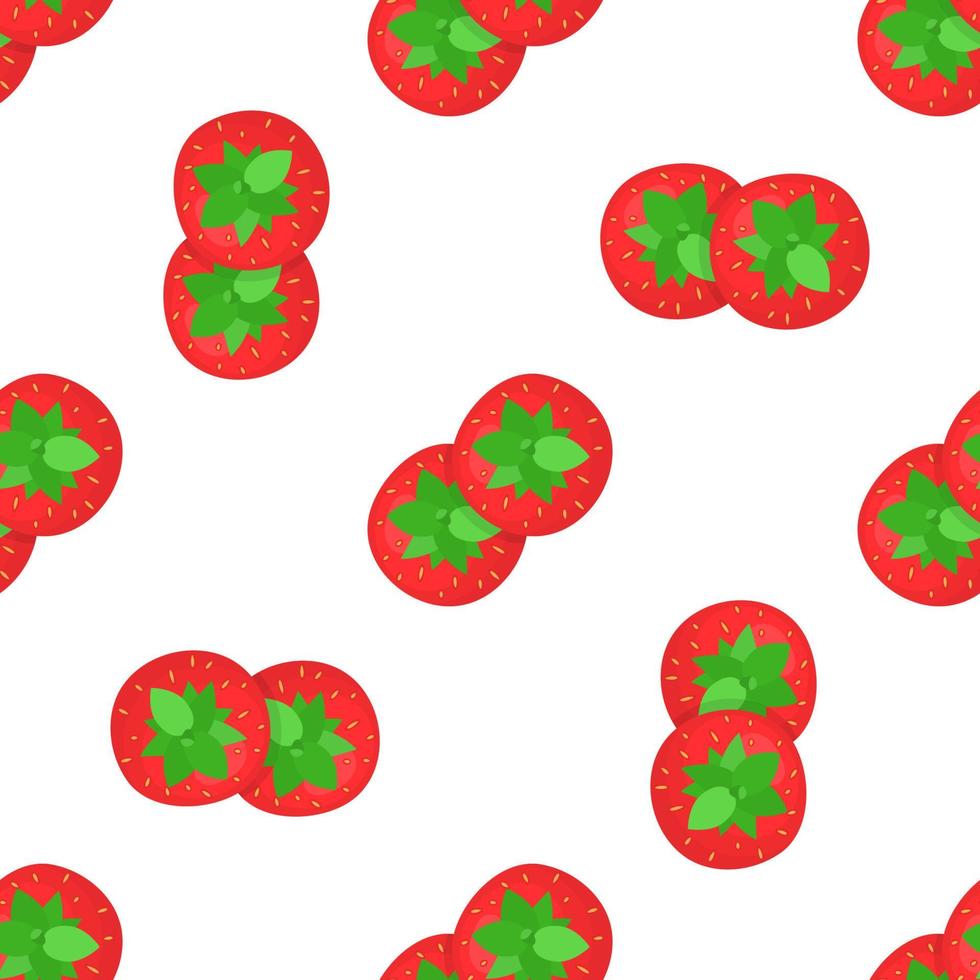 Seamless pattern with fresh bright exotic whole strawberries view from above on white background. Summer fruits for healthy lifestyle. Organic fruit. Cartoon style. Vector illustration for any design.