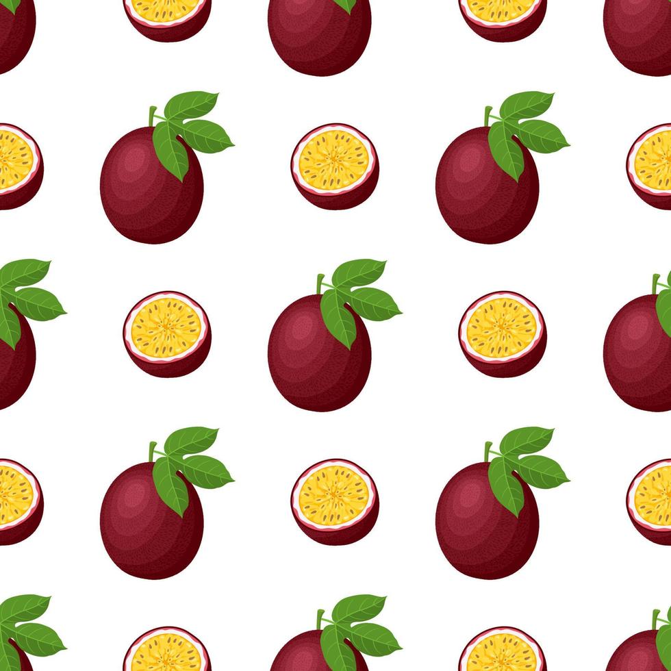 Seamless pattern with fresh bright exotic whole and cut slice passion fruit on white background. Summer fruits for healthy lifestyle. Organic fruit. Cartoon style. Vector illustration for any design.