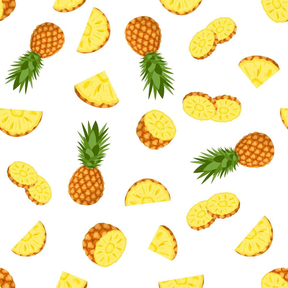 Seamless pattern with fresh whole and cut slices pineapple fruit with leaves on white background. Summer fruits for healthy lifestyle. Organic fruit. Cartoon style. Vector illustration for any design.