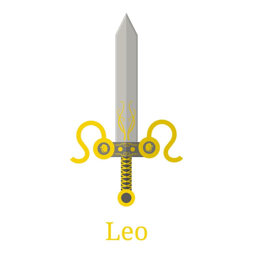 Leo Sword. Zodiac Sign. Flat Cartoon Zodiacal Weapon. One of 12 Zodiac Weapons. Vector Astrological, Horoscope Sign. Vector illustration isolated on white background