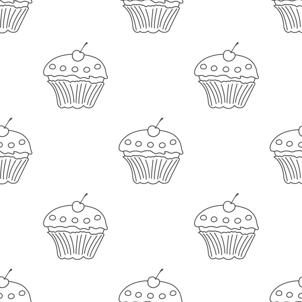 Seamless pattern with outline cupcake and cherry on white background. Sweet food. Vector illustration for design, web, wrapping paper, fabric, wallpaper.