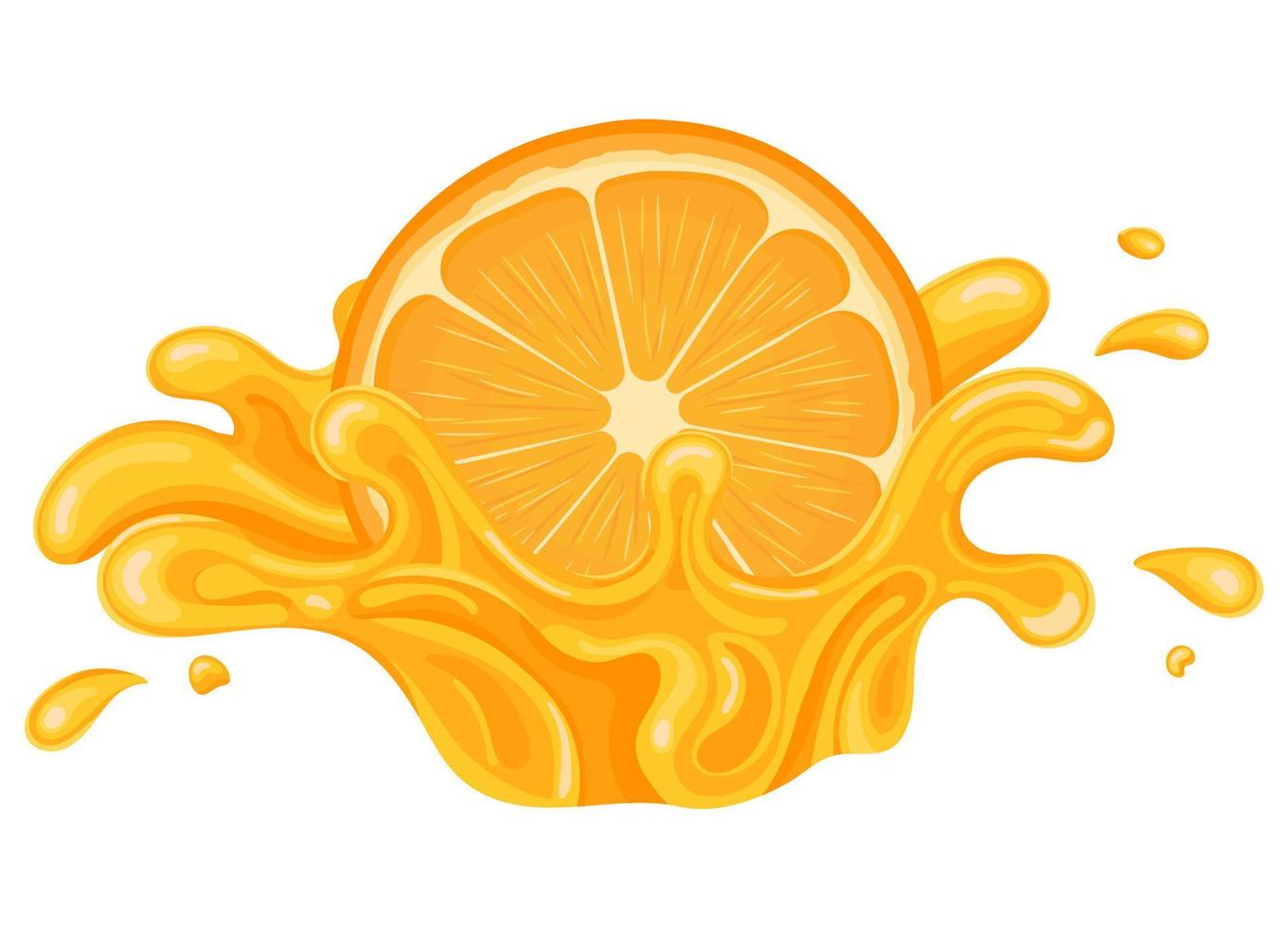 Fresh bright orange, mandarin or tagerine juice splash burst isolated on white background. Summer fruit juice. Cartoon style. Vector illustration for any design.