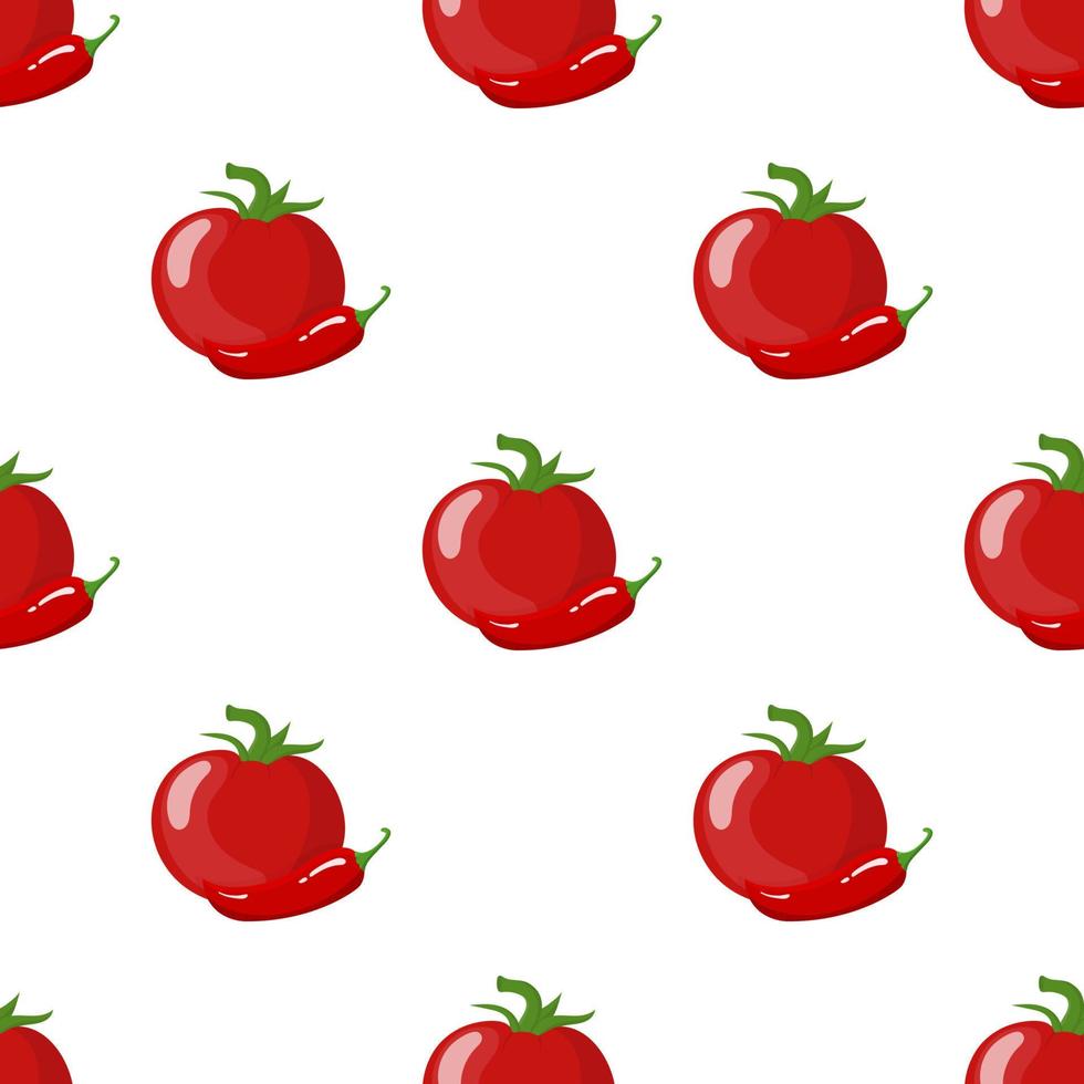 Seamless pattern with fresh red tomato and chilli pepper isolated on white background. Organic food. Cartoon style. Vector illustration for design, web, wrapping paper, fabric