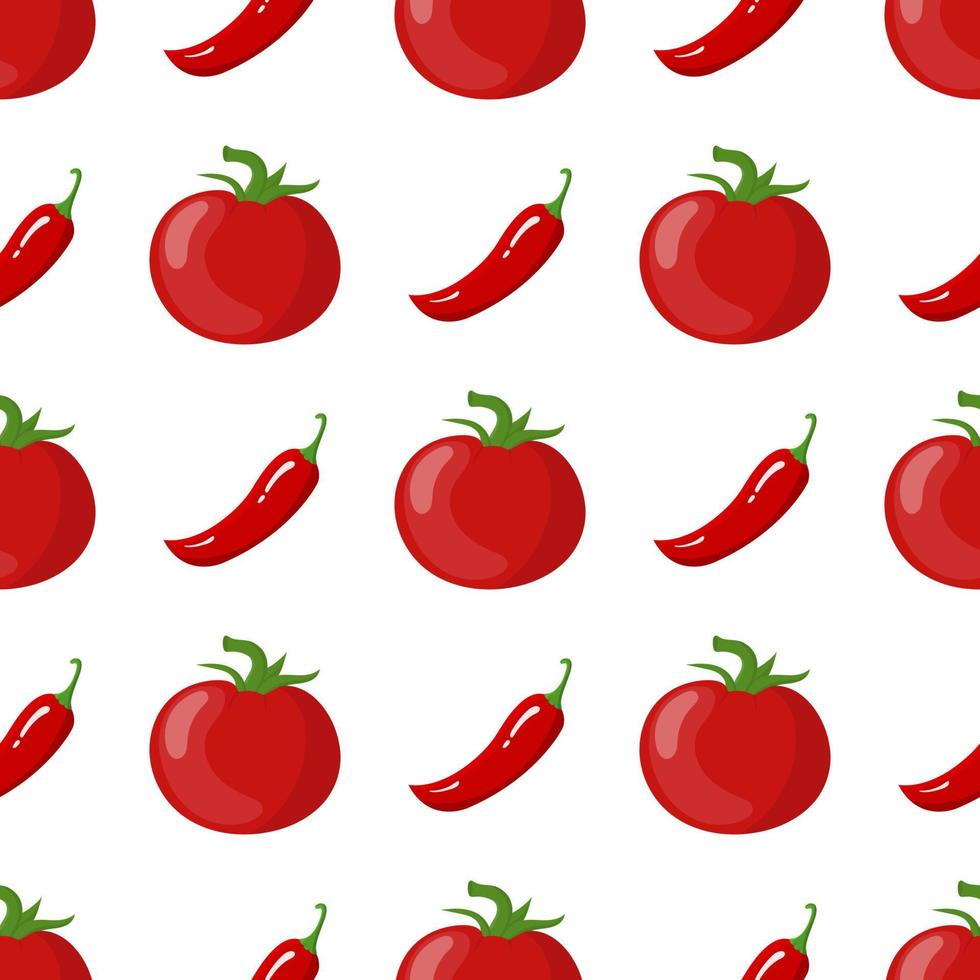 Seamless pattern with fresh tomato and chilli pepper vegetables. Organic food. Cartoon style. Vector illustration for design, web, wrapping paper, fabric, wallpaper.