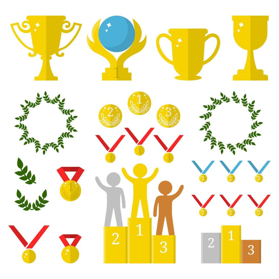 Vector Collection of Golden Sport Awards.Flat Icons of Trophies, Medals, Pedestal, Laure Frames, Coins. First, Second, Third Places. Humans on Podium. Vector illustration for Your Design, Web.