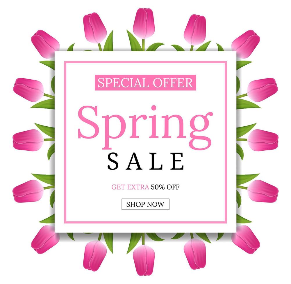 Spring Sale Banner Template Background with Pink Tulips. Square Frame of Tulips. Voucher, wallpaper,flyers, invitation, posters, brochure, coupon discount,greeting card. Vector illustration.