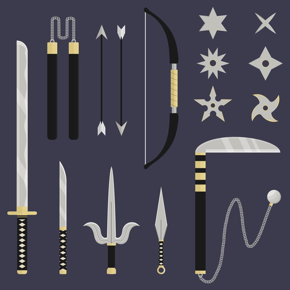 Ninja weapon set. Katana, sai, kunai, nunchacku, shuriken, kusarigama, bow and arrows. Cartoon style. Clean and modern vector illustration for design, web.