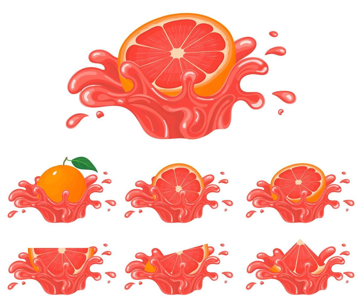 conjunto de salpicadura de jugo de toronja brillante fresco aislado sobre fondo blanco. jugo de frutas de verano. estilo de dibujos animados ilustración vectorial para cualquier diseño. vector