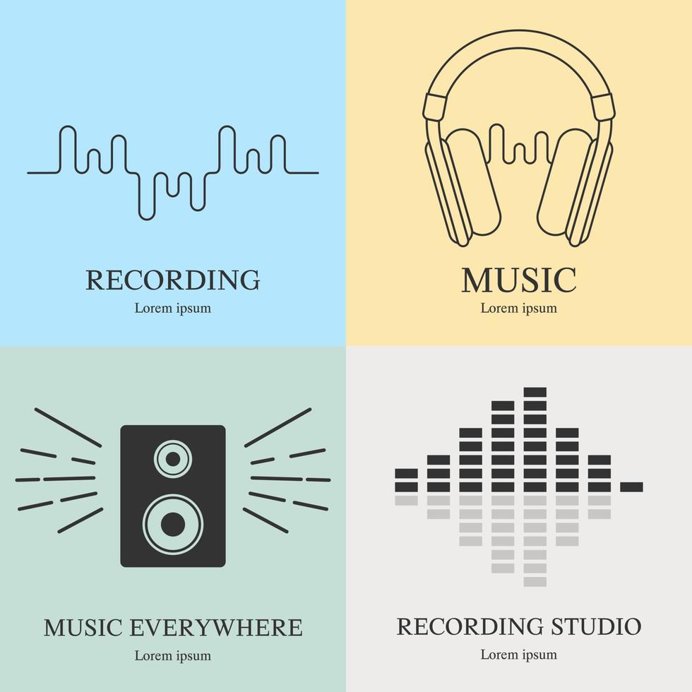 Set of music logos templates. Recording studio labels. Radio badges with sample text. Vector illustration for design, web.