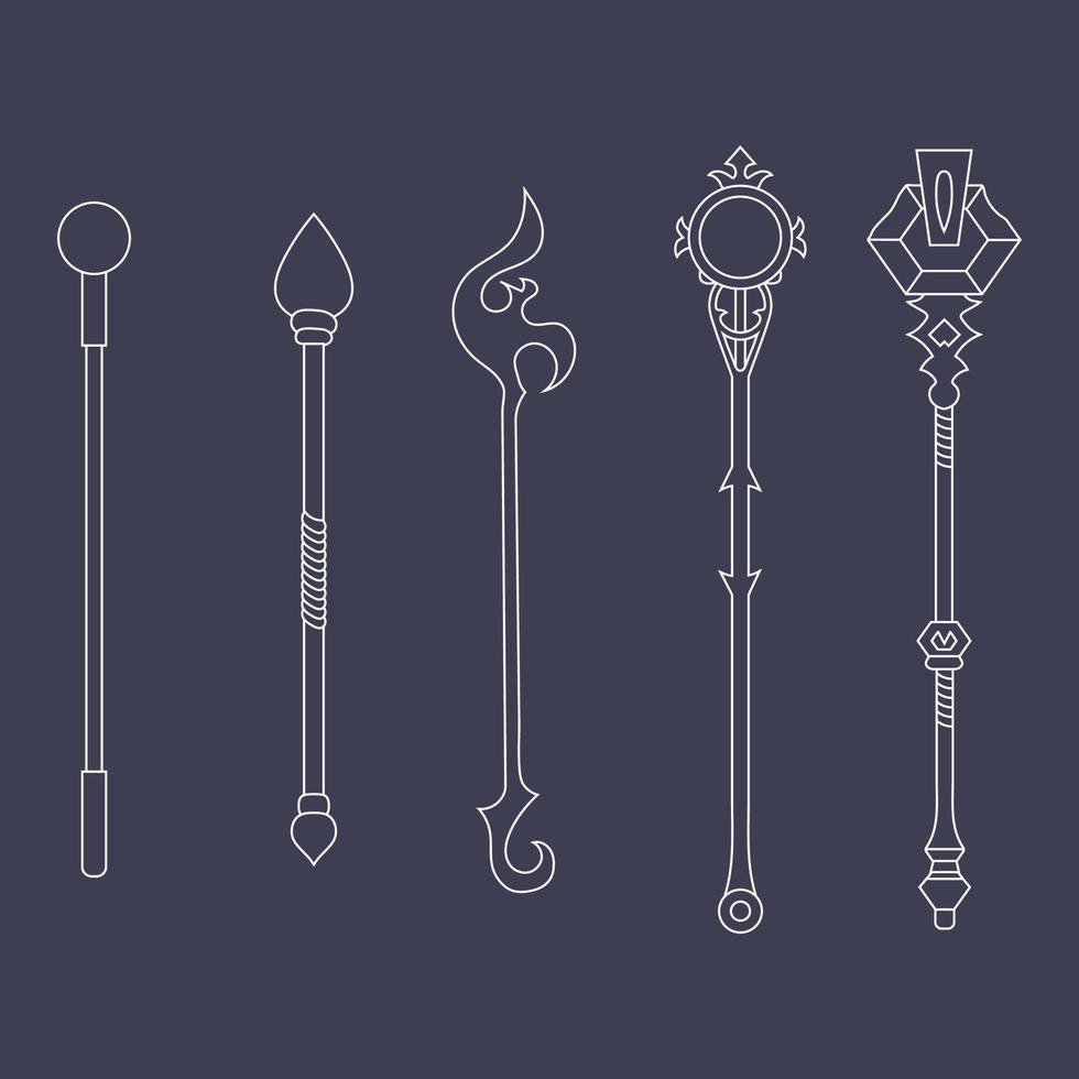 Set of Staff Icons isolated on white background. Magic Weapon. Vector Illustration for Your Design, Game, Card, Web.