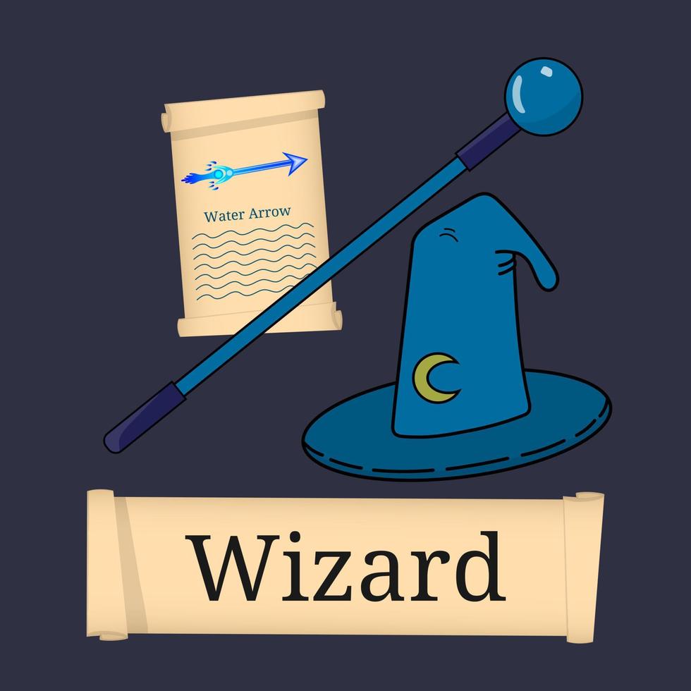 Template of Game Character, Class. Wizard Class. Attributes of wizard isolated on dark background. Select your class. Vector illustration.