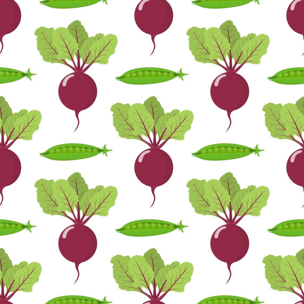 Seamless pattern with fresh beet and pea vegetables. Organic food. Cartoon style. Vector illustration for design, web, wrapping paper, fabric, wallpaper.