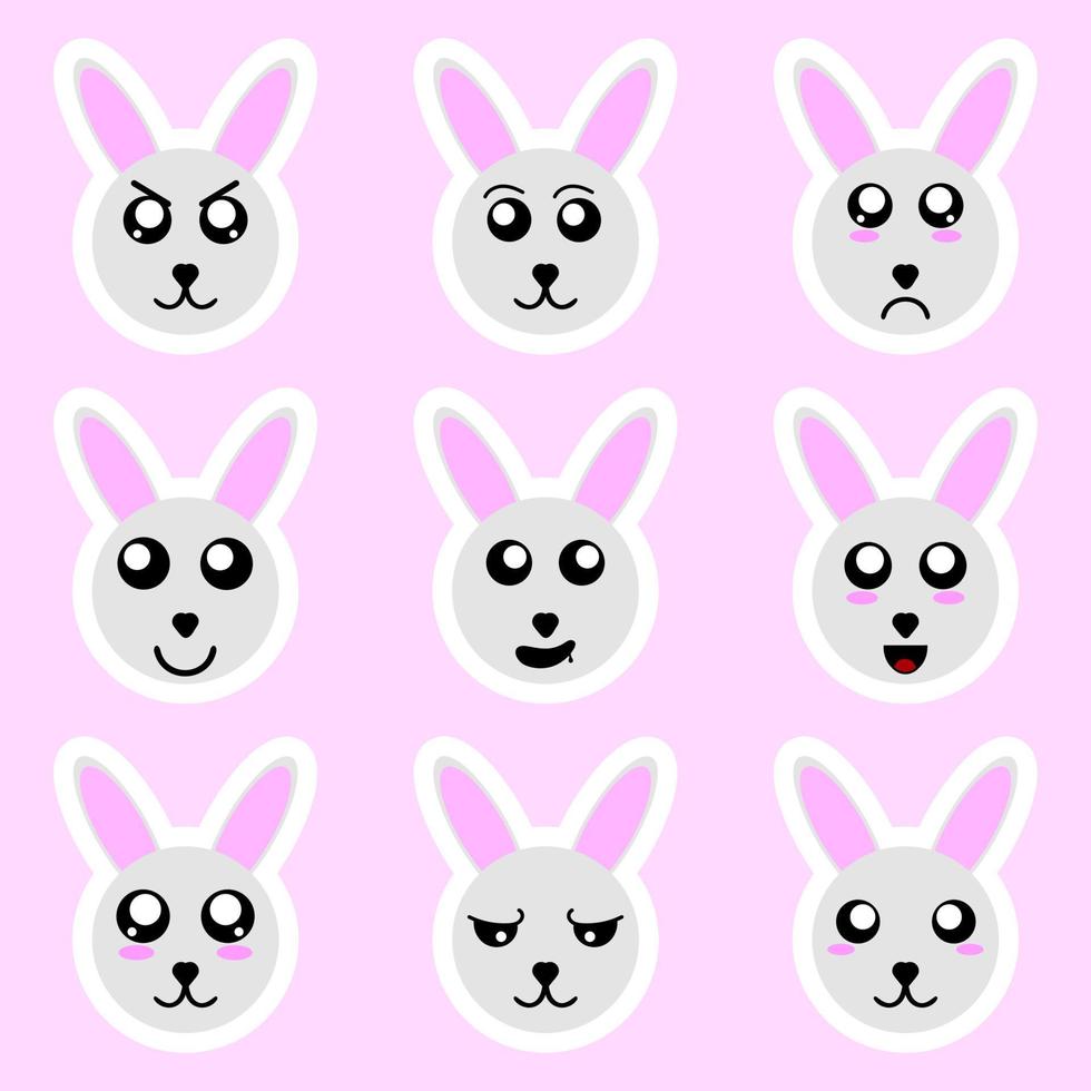 Set of rabbit stickers. Different emotions, expressions. Sticker in anime style. Vector Illustration for your design.