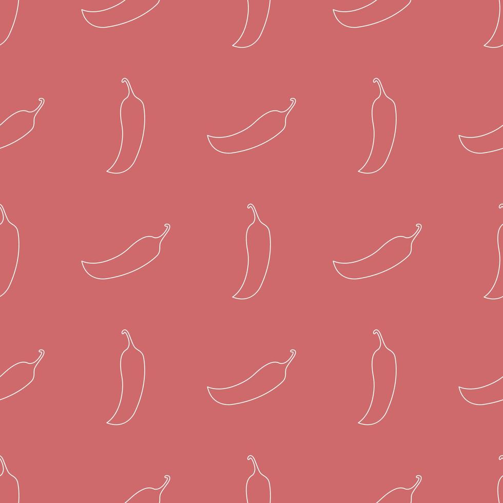 Seamless pattern with line style icon of chilli pepper on red background. Vector illustration for design, web, wrapping paper, fabric, wallpaper.