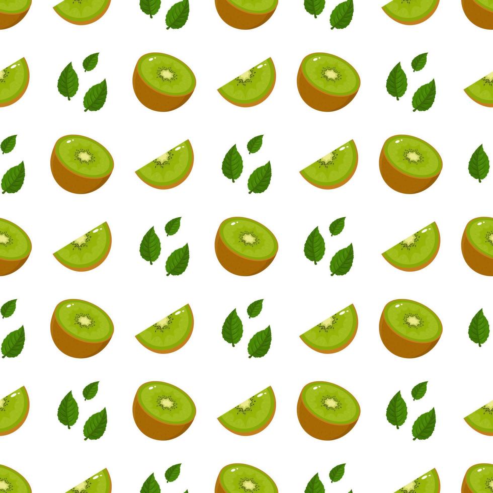 Seamless pattern with fresh half slice kiwi fruit and leaves on white background. Summer fruits for healthy lifestyle. Organic fruit. Cartoon style. Vector illustration for any design.