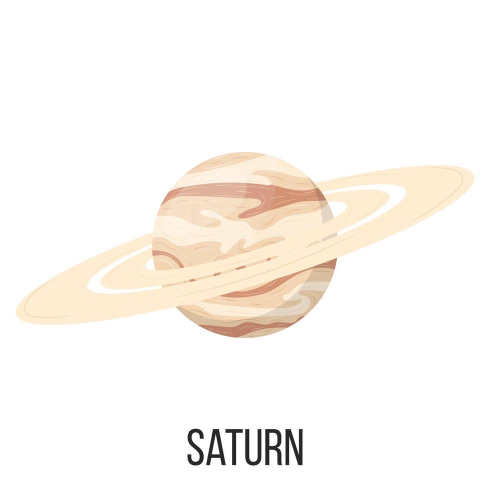 Saturn planet isolated on white background. Planet of solar system. Cartoon style vector illustration for any design.