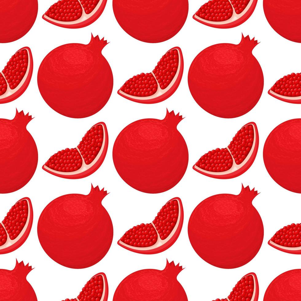 Seamless pattern with fresh bright exotic whole and chunk pomegranate with leaves on white background. Summer fruits for healthy lifestyle. Organic fruit. Vector illustration for any design.