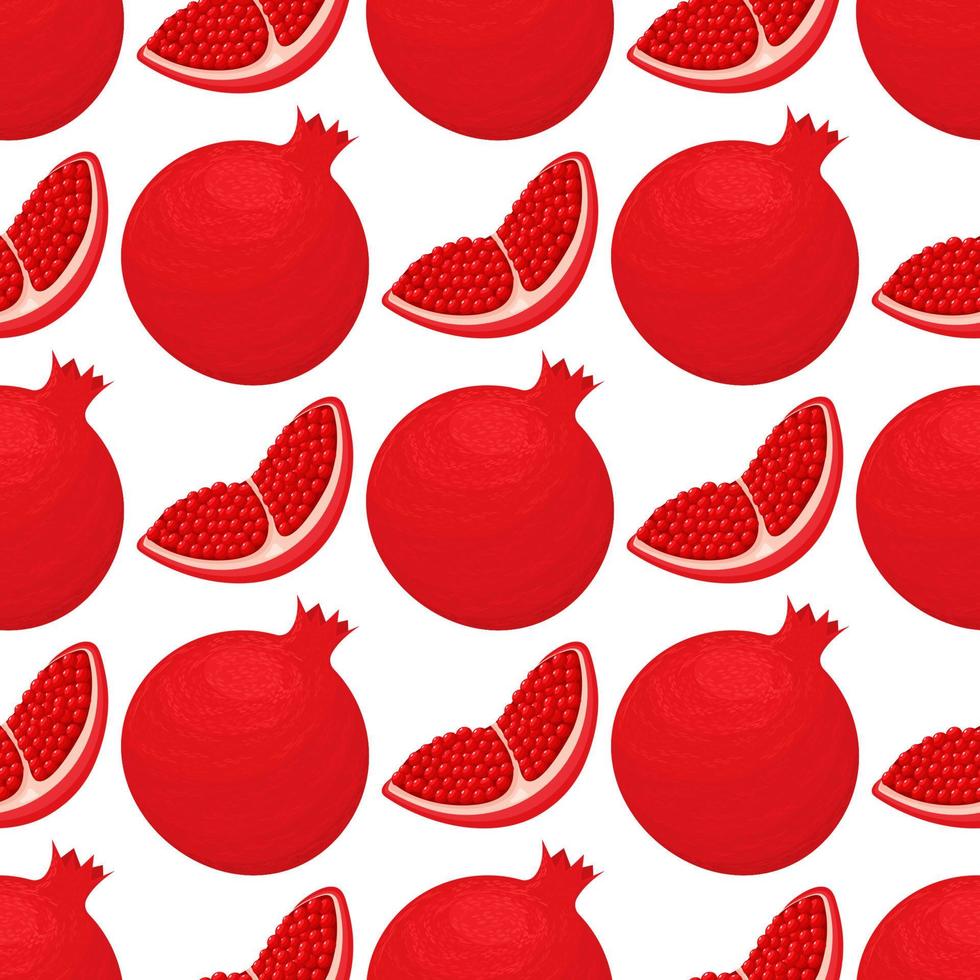 Seamless pattern with fresh bright exotic whole and chunk pomegranate with leaves on white background. Summer fruits for healthy lifestyle. Organic fruit. Vector illustration for any design.