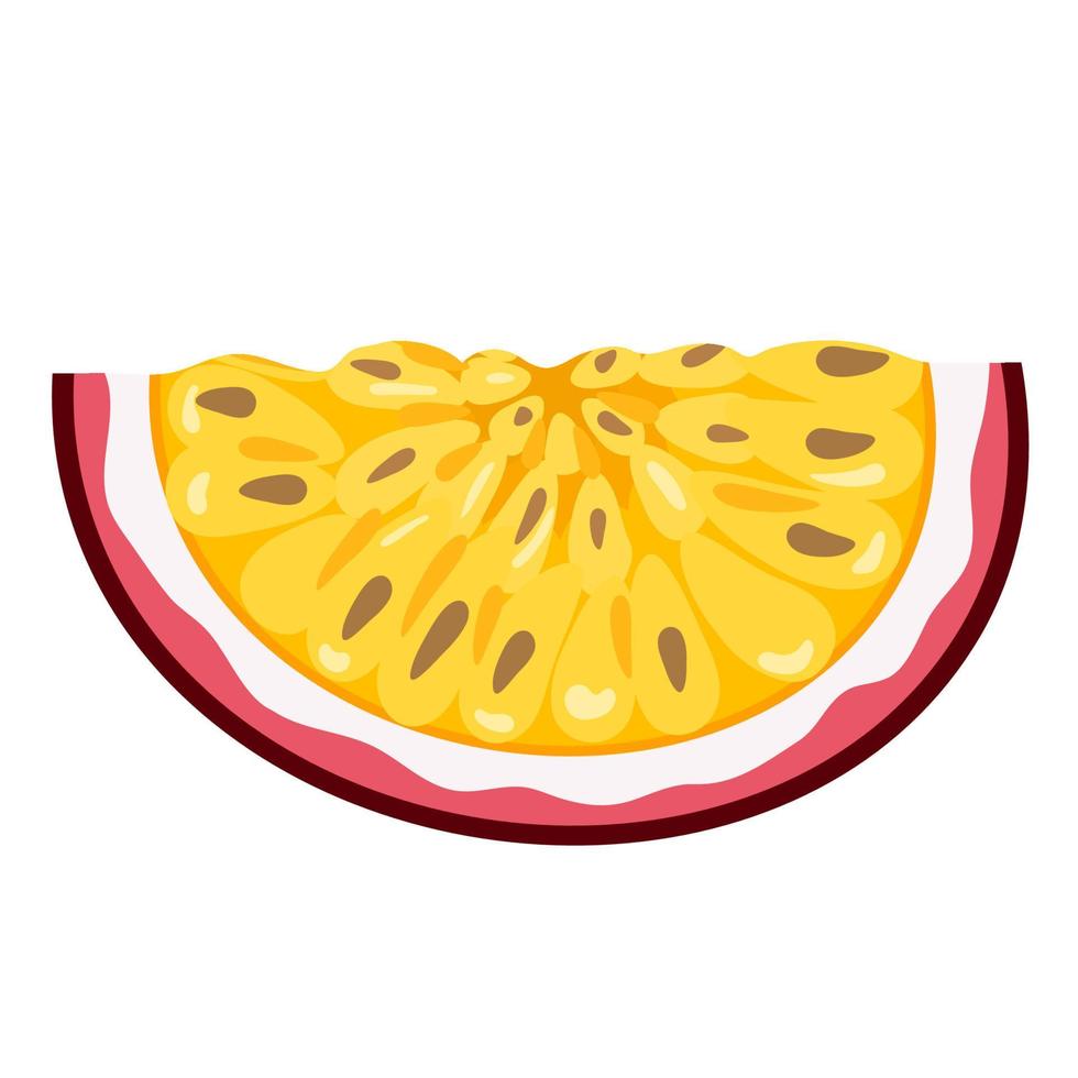 fresco, brillante, exótico, corte, rebanada, fruta de la pasión, aislado, blanco, fondo. frutas de verano para un estilo de vida saludable. fruta organica estilo de dibujos animados ilustración vectorial para cualquier diseño. vector