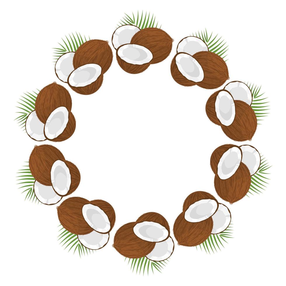 Wreath from whole, half coconut and leaves with space for text. Cartoon organic sweet food. Summer fruits for healthy lifestyle. Vector illustration for any design.