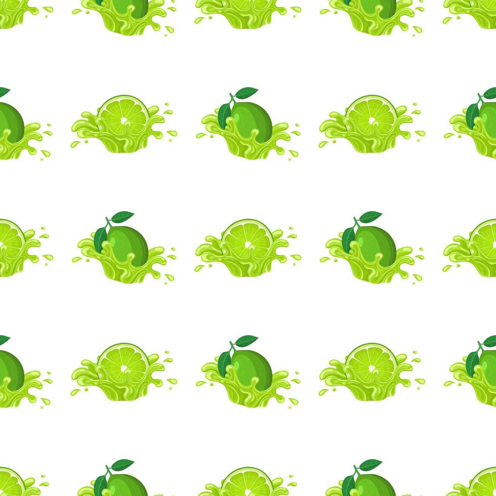 Seamless pattern with fresh bright lime juice splash burst isolated on white background. Summer fruit juice. Cartoon style. Vector illustration for any design.
