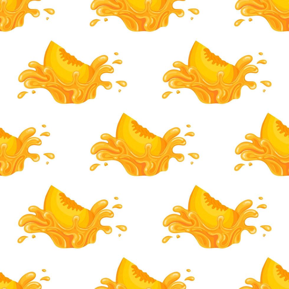 Seamless pattern with fresh peach juice splash burst isolated on white background. Summer fruit juice. Cartoon style. Vector illustration for any design.