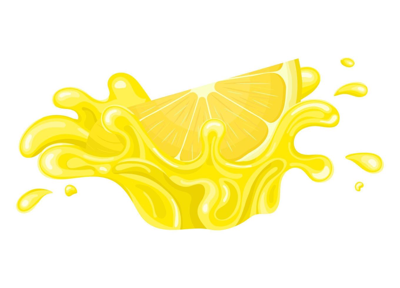 Fresh bright cut slice lemon juice splash burst isolated on white background. Summer fruit juice. Cartoon style. Vector illustration for any design.