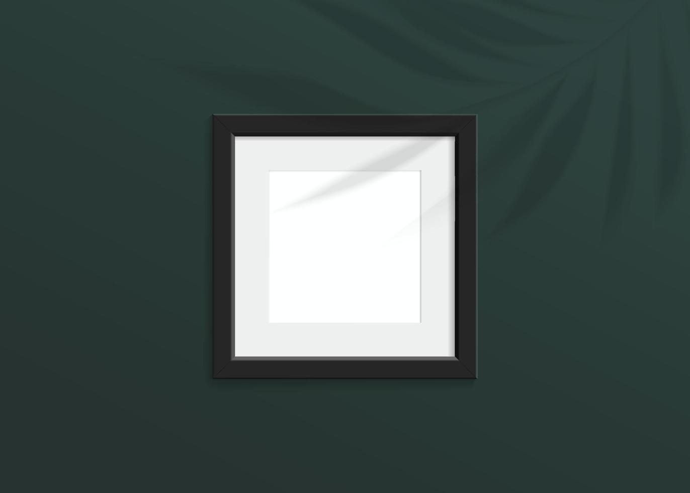 Realistic vector luxury mockup with black photo frame. Shadow on the green wall and empty place for your design. 3d soft light and overlay shadow from leaves of plant. Square poster or painting.