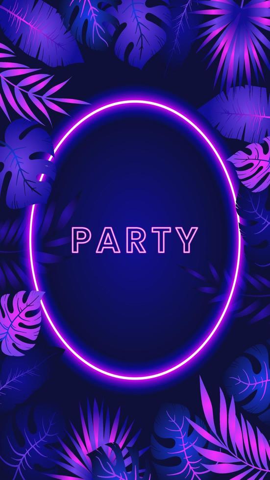 Banner template of glowing neon frame with tropical exotic plant, palm tree leaves, vector isolated illustration. Jungle foliage borders, banners. Tropical summer beach vacation, night party design.