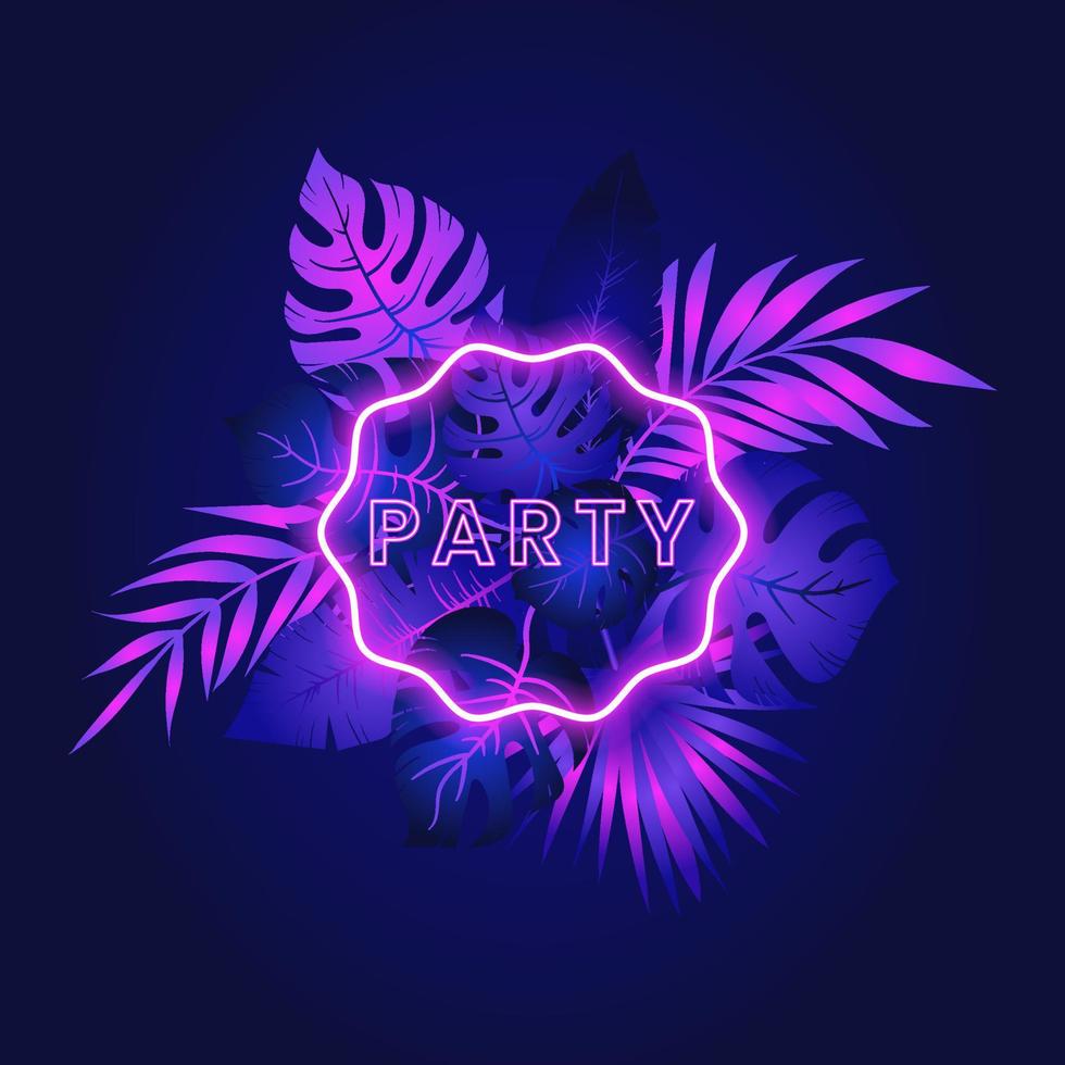 Banner template of glowing neon frame with tropical exotic plant, palm tree leaves, vector isolated illustration. Jungle foliage borders, banners. Tropical summer beach vacation, night party design.