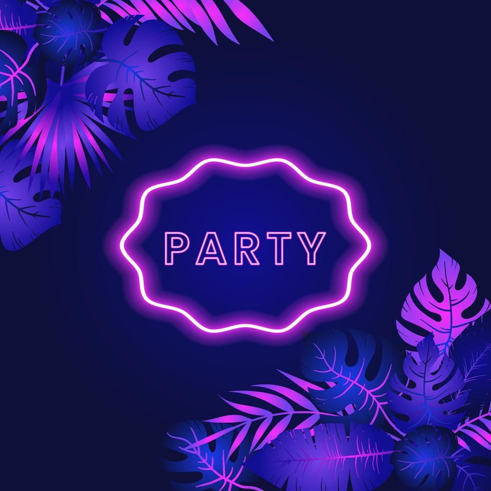 Banner template of glowing neon frame with tropical exotic plant, palm tree leaves, vector isolated illustration. Jungle foliage borders, banners. Tropical summer beach vacation, night party design.