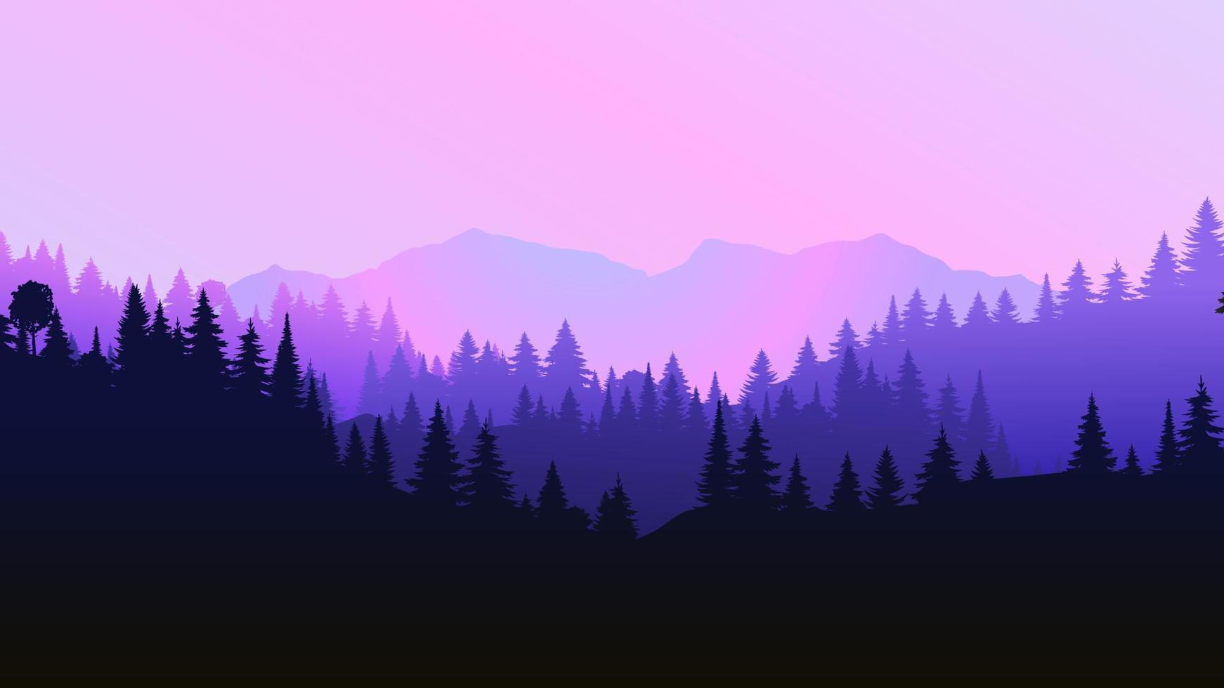 Beautiful forest panoramic. Realistic neon vector vivid background. Landscape purple trees pine in mist design. Mystery fog in park sunset concept. Nature beauty. Tourism web banner.