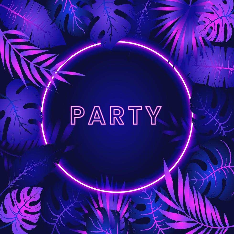 Banner template of glowing neon frame with tropical exotic plant, palm tree leaves, vector isolated illustration. Jungle foliage borders, banners. Tropical summer beach vacation, night party design.