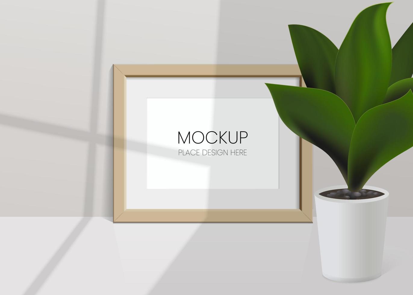 Realistic vector mockup with photo frame and plant leaves. Shadow on the wall and empty place for your design. 3d soft light and overlay shadow from plant and window. Realistic illustration mock up.