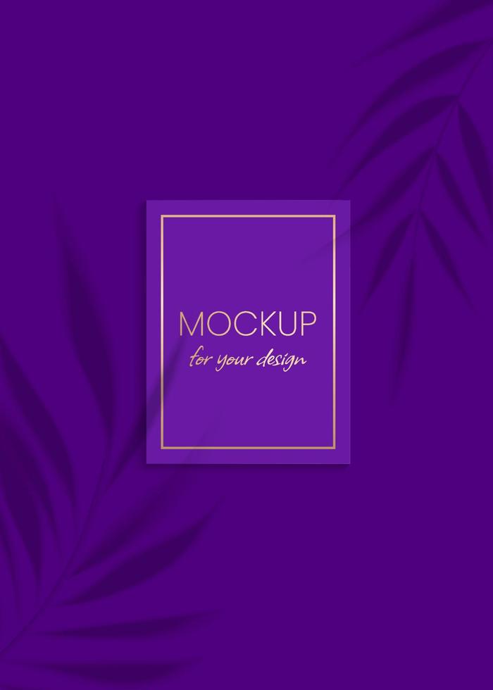 Plant shadow overlay vector mockup horizontal business card. Realistic shadows overlays tropic leaf on purple background. Template card, blank, social media post, flyer, logo in luxury trendy style.