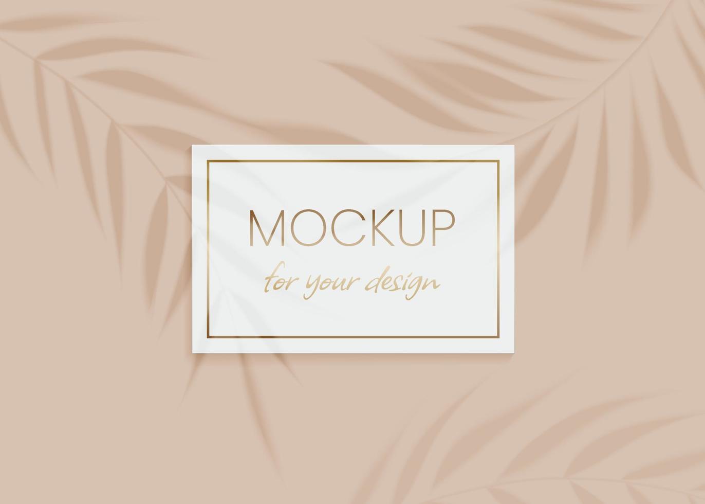 Plant shadow overlay vector mockup horizontal business card. Realistic shadows overlays tropic leaf on beige background. Template card, blank, social media post, flyer, logo in minimal trendy style.