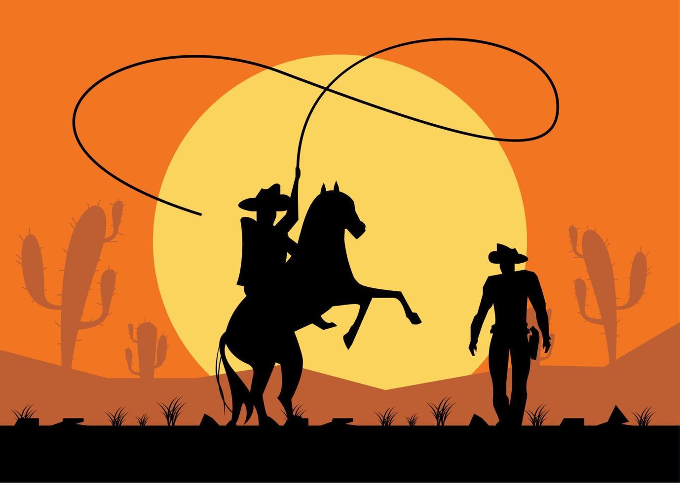 cowboys with rope and horse vector