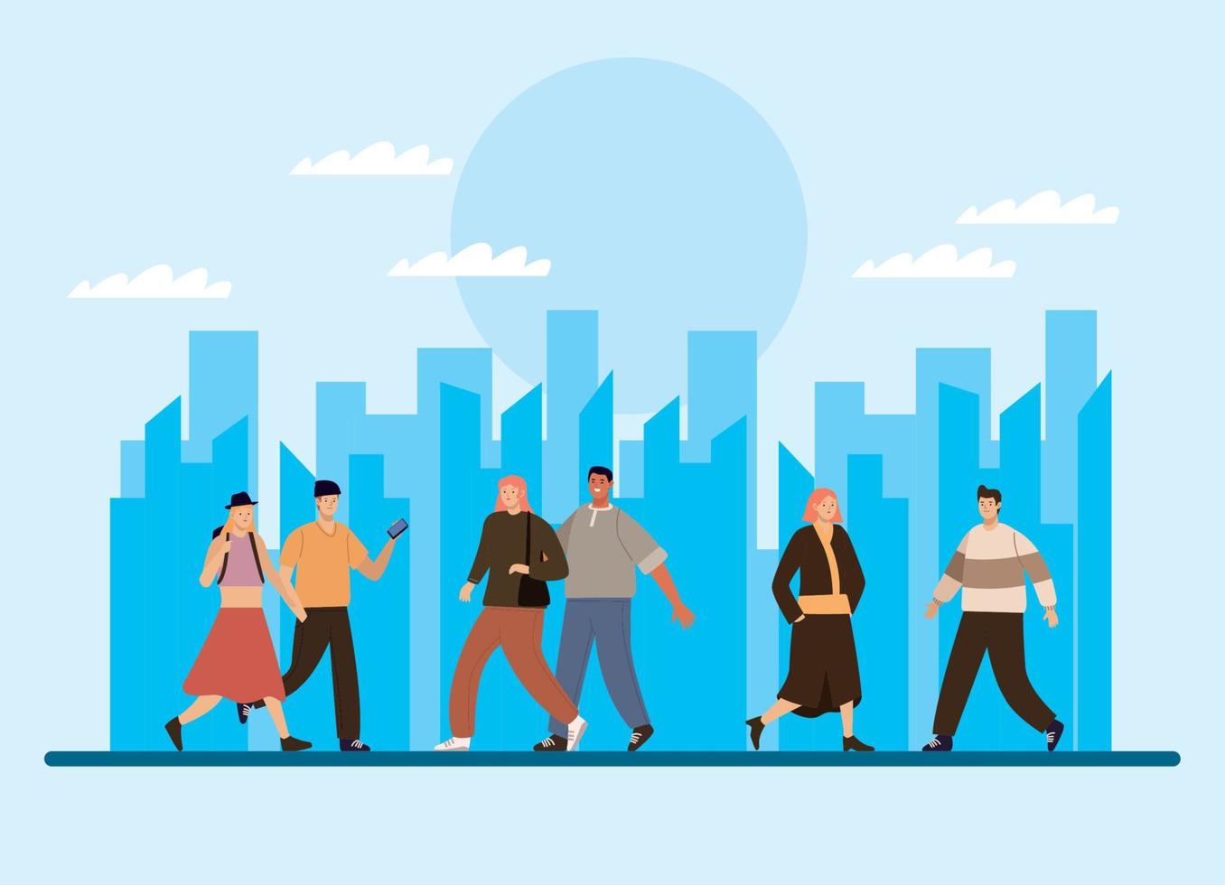 six persons walking on the city vector